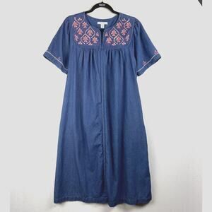 Go Softly Patio House Dress Denim Chambray Blue Embroidered Floral Grandma Chore